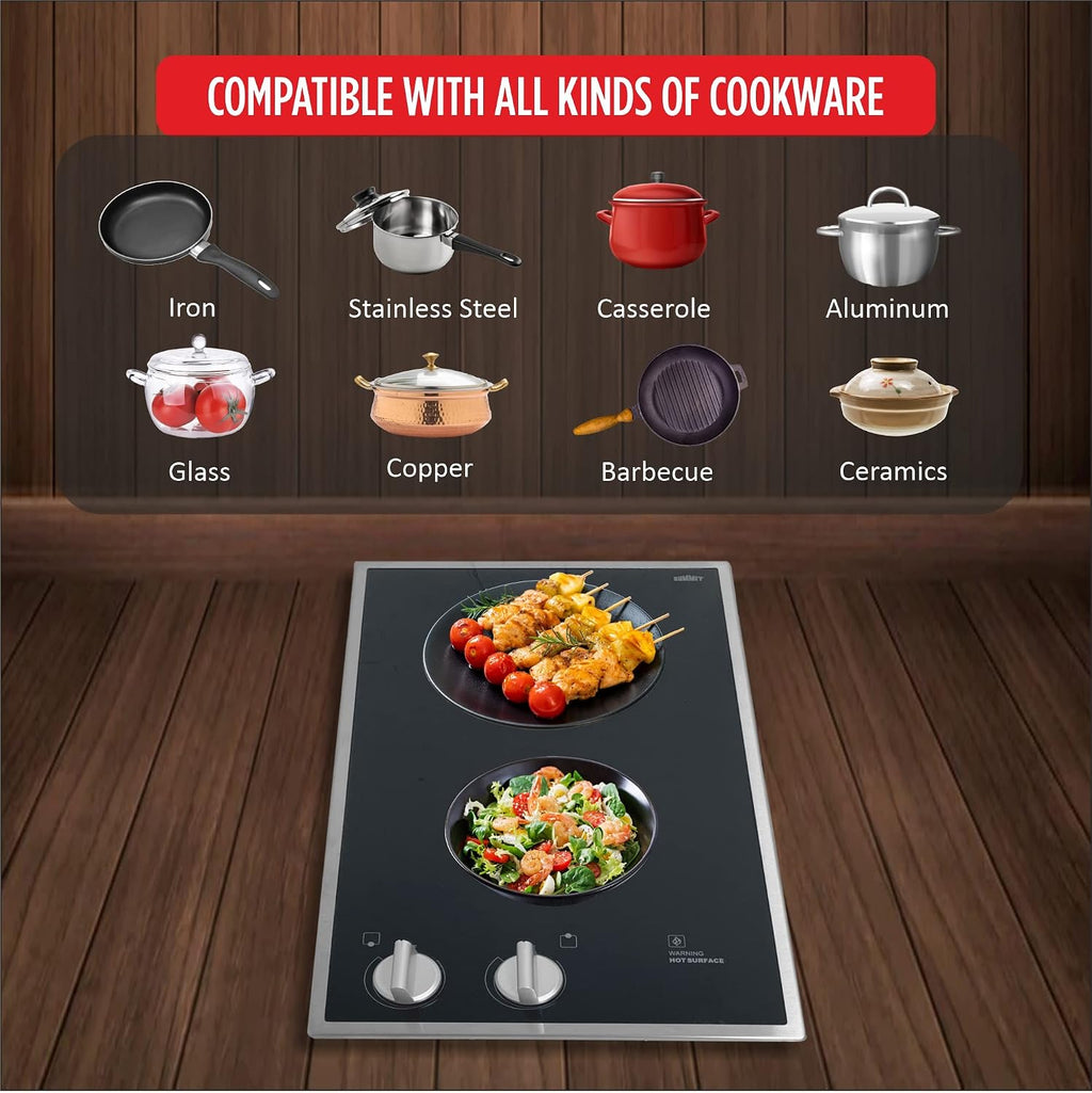 Summit CR2B12ST 12' Wide 115V 2-Burner Radiant Cooktop, Black Ceramic Glass, 1400W, ADA Compliant, Safety Heat Indicator, Easy to Clean, Cord Included, Hotel Suites, Extended Stay, Apartments, House