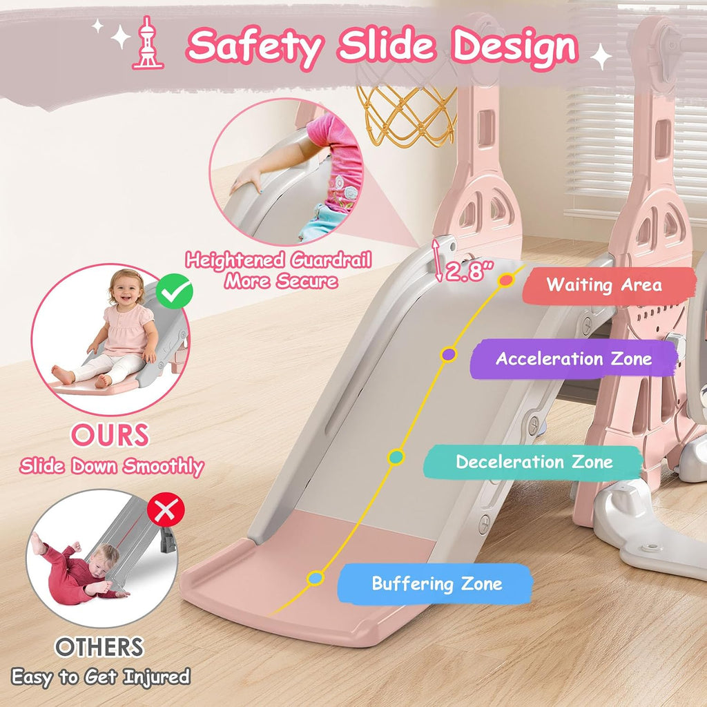 BIERUM Toddler Slide and Swing Set - Baby Slide for Toddlers Age 1-2, with Basketball Hoop, Indoor Outdoor Playset Pink Gray