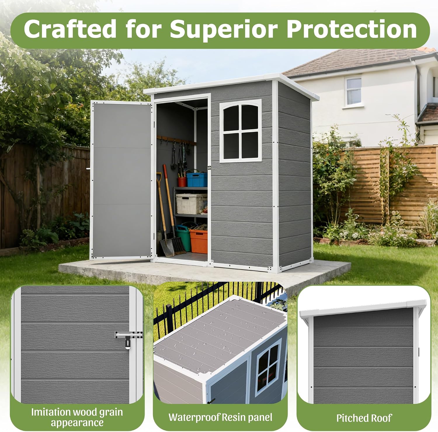 Resin Outdoor Storage Shed Kit Plastic Sheds Perfect to Store Patio Furniture, Garden Tools Bike Accessories, Beach Chairs and Lawn Mower, Grey (5x3 ft)