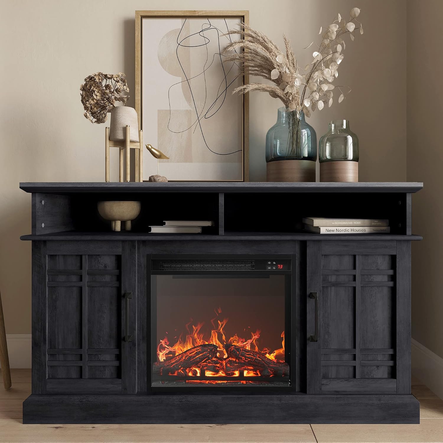 BELLEZE 48' TV Stand with 18' Electric Fireplace Heater, Modern TV Stand for TVs up to 50', Entertainment Media Stand with Open Shelves and Storage Cabinets for Living Room, Bedroom (Rustic Grey)