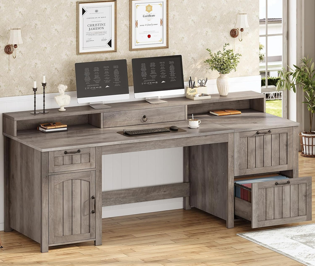 SEDETA Farmhouse 63' Executive Desk, Wood Computer Desk with Drawers and Storage Cabinet, Home Office Desk with File Drawer and Monitor Stand, Wood Desk for Work Study Writing, Grey