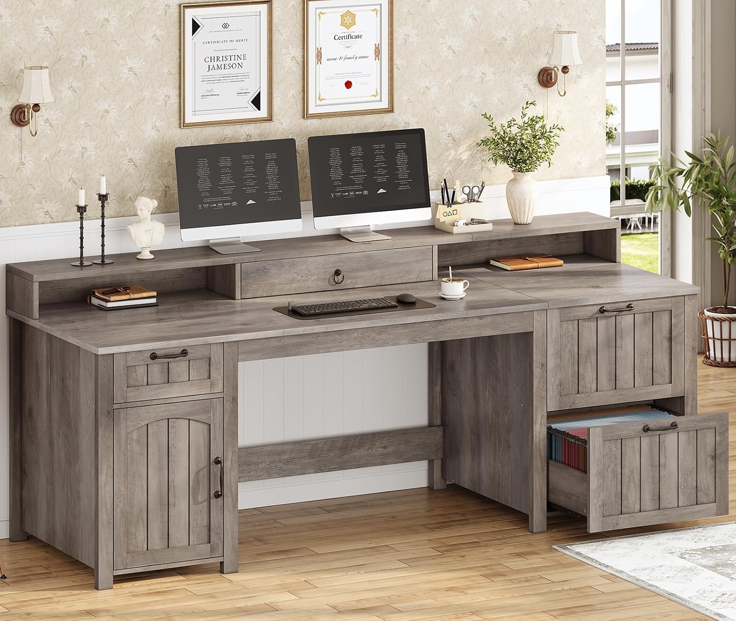 SEDETA Farmhouse 63' Executive Desk, Wood Computer Desk with Drawers and Storage Cabinet, Home Office Desk with File Drawer and Monitor Stand, Wood Desk for Work Study Writing, Grey