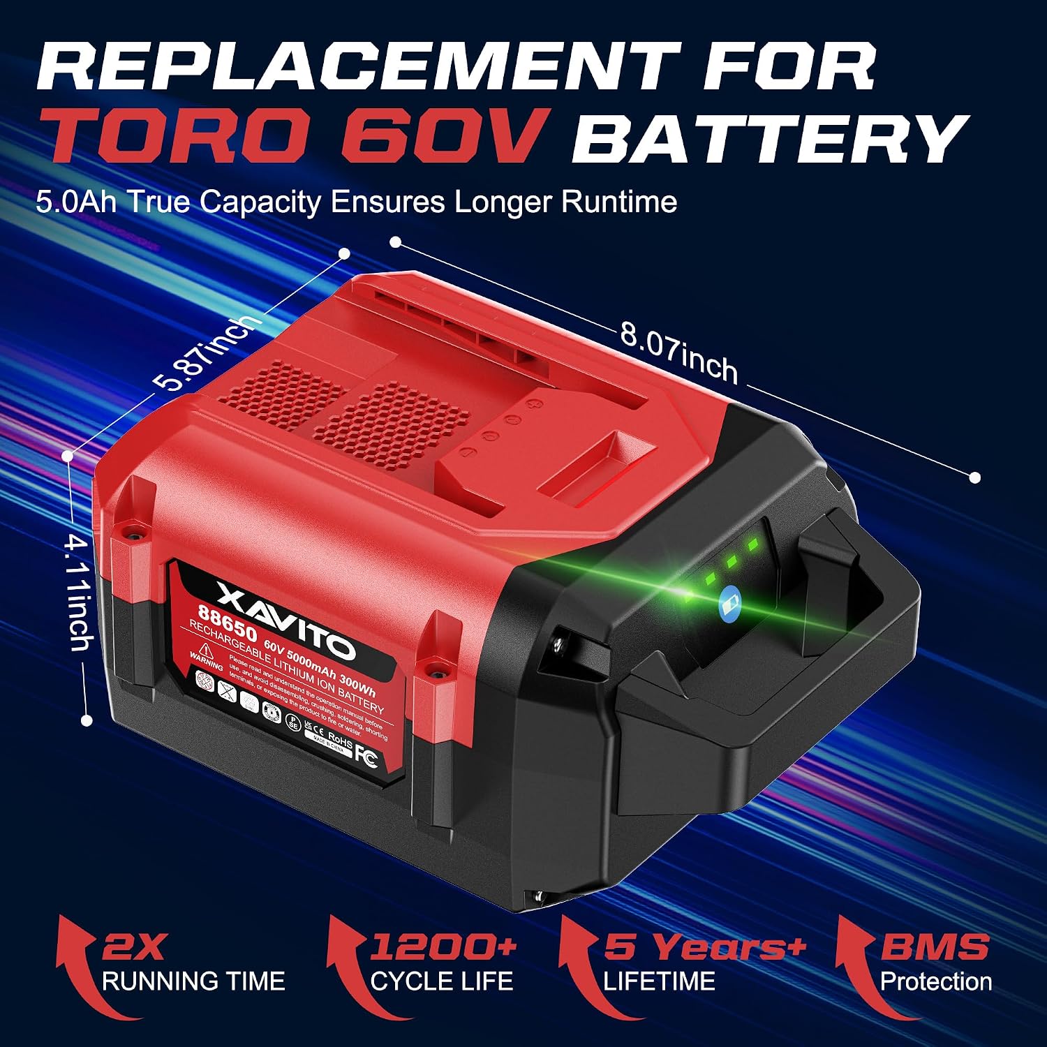 XAVITO Replacement for Toro 60V Battery 5.0Ah, New Upgraded 2X Longer Runtime, for Toro 60V MAX Flex-Force Lithium-Ion Battery 88620 88625 88640 88650 88660 88675 66810
