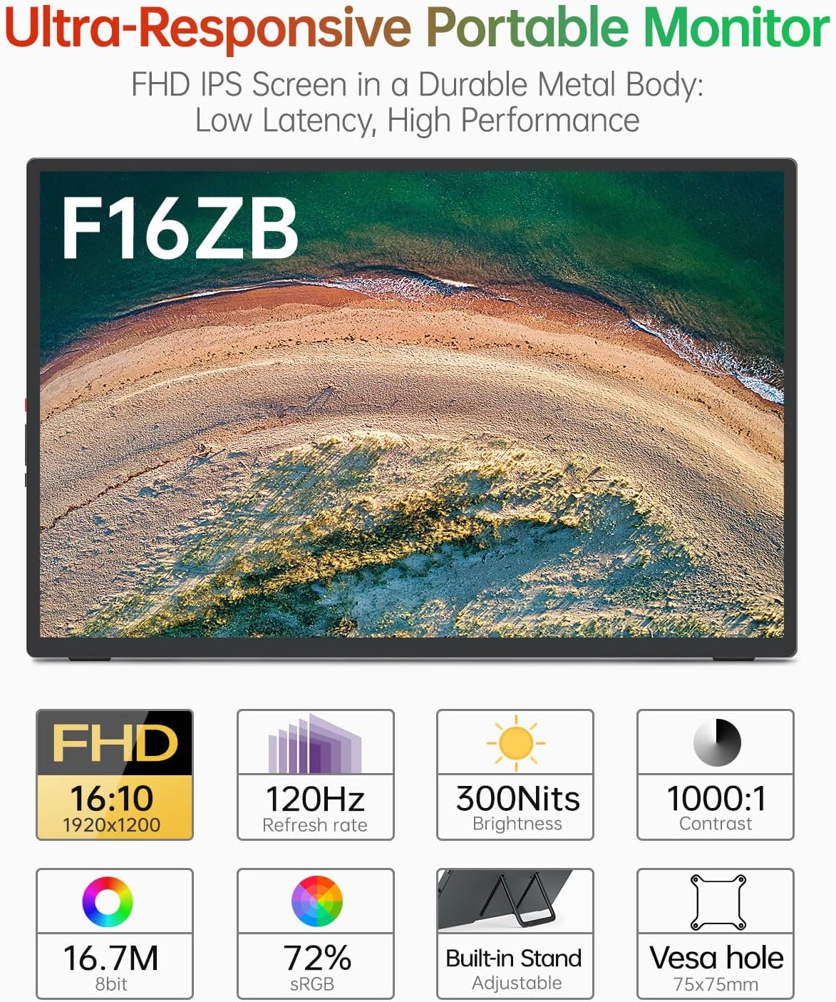 Intehill 16' 120Hz Portable Gaming Monitor, Anti-Glare Portable Monitor with Full-covered Tempered Glass, USB-C HDMI External Display w/Speakers & Stand, Travel Monitor Second Screen for Laptop, F16ZB