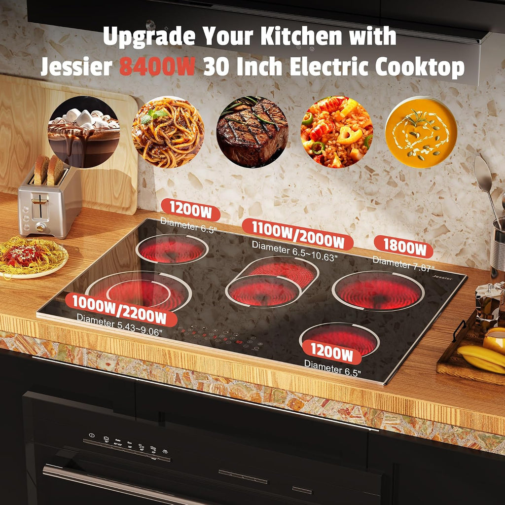 30 Inch Electric Cooktop - 30 Inches Electric Stove 8400W, 5 Burner Ceramic Stovetop Built-in(29.13'x19.3') with Metal Frame, 99 Mins Timer, Safety Lock, Dual Ring, 220V Hard Wired (No Plug)
