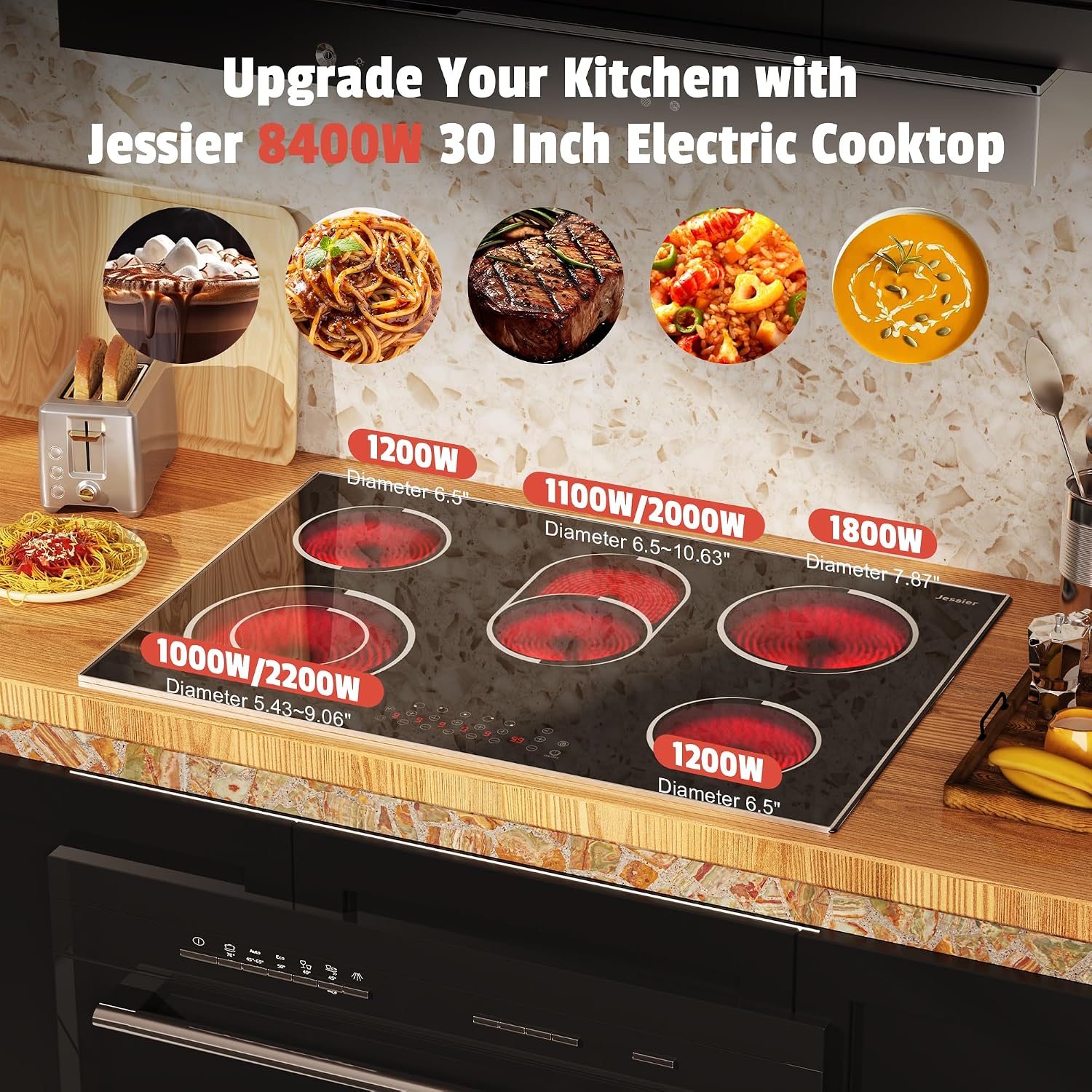30 Inch Electric Cooktop - 30 Inches Electric Stove 8400W, 5 Burner Ceramic Stovetop Built-in(29.13'x19.3') with Metal Frame, 99 Mins Timer, Safety Lock, Dual Ring, 220V Hard Wired (No Plug)