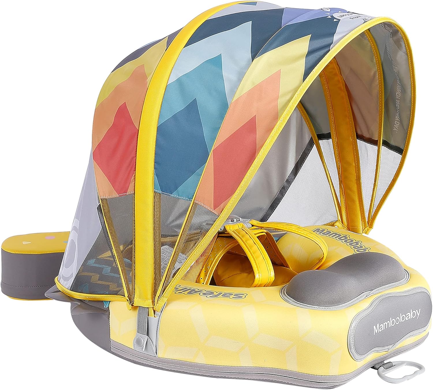 Mambobaby Float Upgrade Add Tail Baby Float with Canopy for Infant Waist Swimming Ring Swim Trainer Non-Inflatable Floats Toys with Adjustable Safety Strap (Yellow - Colorful Fish)