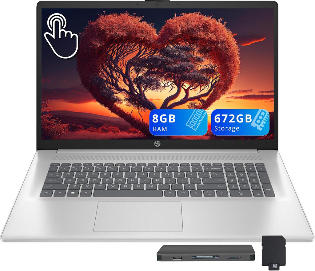 HP 17.3' HD+ Touchscreen Laptop, AMD Ryzen 5 7430U, 8GB RAM, 672GB Storage (512GB SSD+160GB Docking Station Set), AMD Radeon Graphics, Numeric Keypad, Wi-Fi 6, HD Webcam, Windows 11 Home, Silver