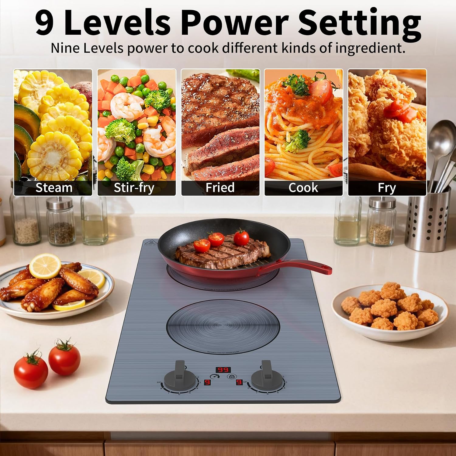 GlHETKUT Induction Cooktop,110V 2300W double burner hot plate with LED Touch Screen,9 Power Levels,Kids Lock & Timer,knob and touch control 2 burner induction cooktop