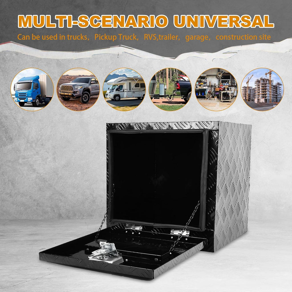 SSN 18'' Inch Heavy Duty Aluminum Underbody Truck Box with T-Handle Latch,18 x 17 x 18 Inch Truck Trailer Underbed Tool Box with 5 Bar Tread Black for Storage and Organization