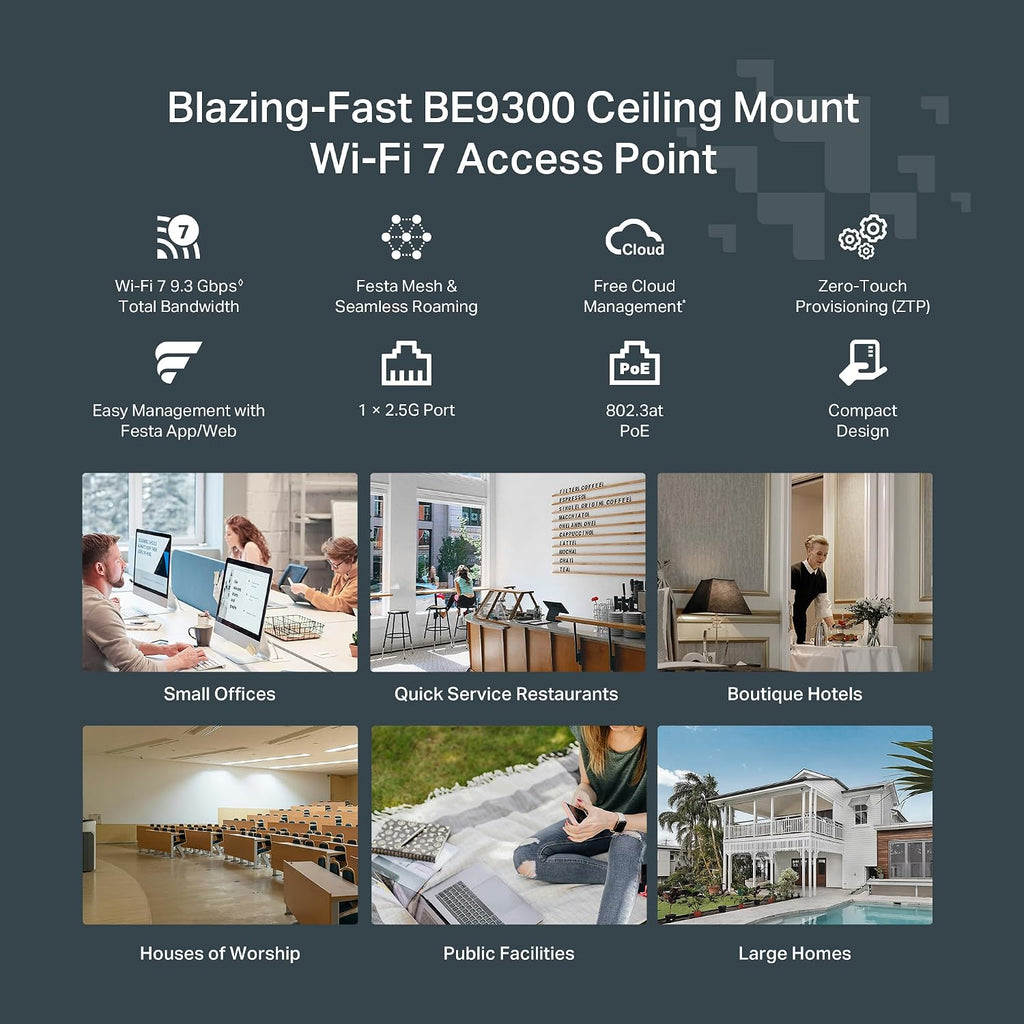 TP-Link Festa F76 | Ultra-Slim BE11000 WiFi 7 2.5G Tri-Band Wireless Access Point | Mesh, Seamless Roaming, 6 GHz, MLO | Self-Organizing Network | Free Cloud | PoE+ Powered | Does not Work w/Omada