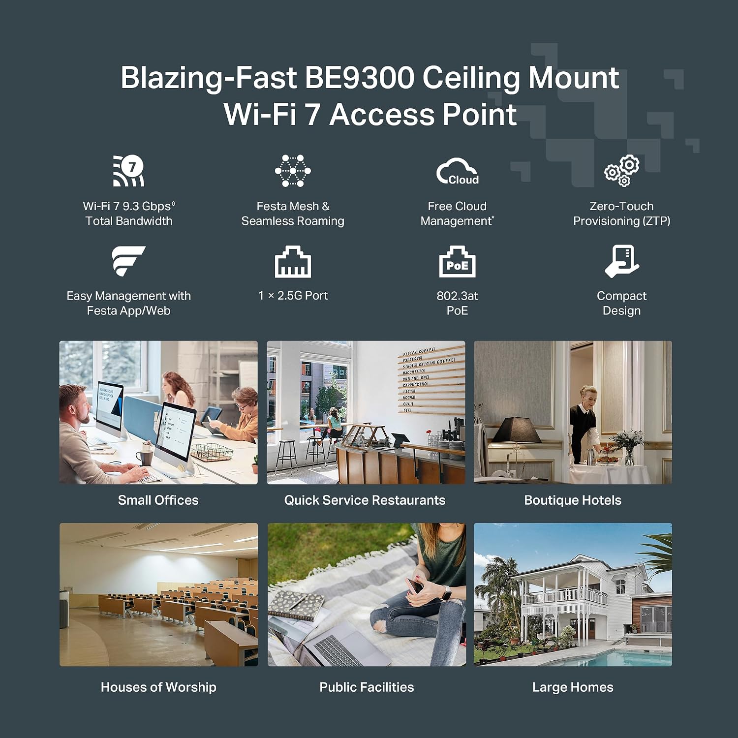 TP-Link Festa F76 | Ultra-Slim BE11000 WiFi 7 2.5G Tri-Band Wireless Access Point | Mesh, Seamless Roaming, 6 GHz, MLO | Self-Organizing Network | Free Cloud | PoE+ Powered | Does not Work w/Omada