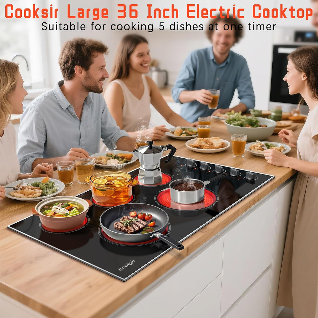 36 Inch Electric Cooktop - Built-in(34.25'x19.3') 5 Burner Electric Stove with 8400W High Power, 36' Large 5 Zones Radiant Ceramic Stove Knob Control, Residual Heat Indicator, 220V Hard Wired