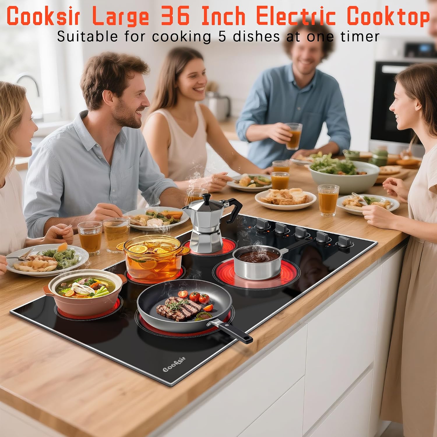 36 Inch Electric Cooktop - Built-in(34.25'x19.3') 5 Burner Electric Stove with 8400W High Power, 36' Large 5 Zones Radiant Ceramic Stove Knob Control, Residual Heat Indicator, 220V Hard Wired
