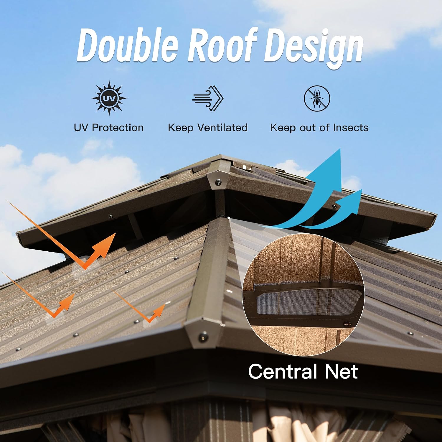 Domi 8' x 8' Hardtop Gazebo Permanent Metal Gazebo with Galvanized Steel Double Roof, Curtains and Netting for Party, Wedding, Outdoor Dining, Patio, Backyard, Brown