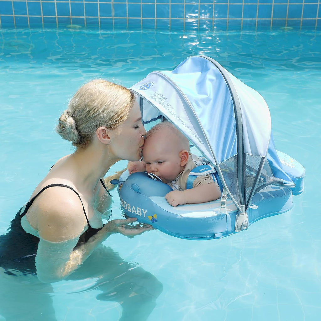 Mambobaby Float Upgrade Add Tail Baby Float with Canopy for Infant Waist Swimming Ring Swim Trainer Non-Inflatable Floats Toys with Adjustable Safety Strap (Blue - Butterfly)