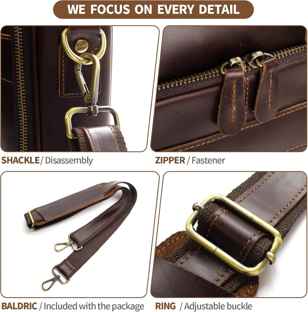 Jack&Chris Full Grain Leather Briefcase for Men, Business Messenger Bag Laptop Bag Attache Case, Fits 15.6 Inch Laptop