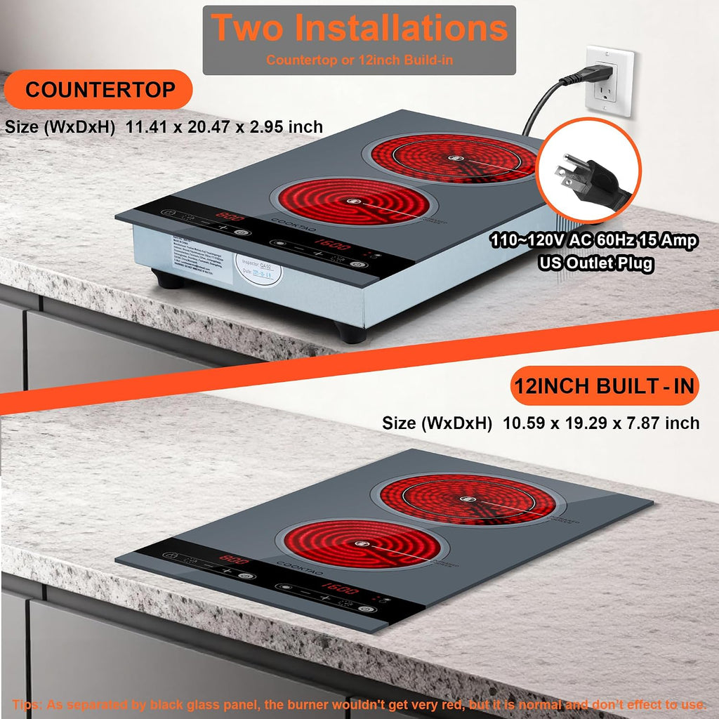 Dual Coil Design of Double Burner Electric Cooktop, 1800W Ceramic Hot Plate for Cooking, Portable Countertop Infrared 2 Burner or 12inch Built-in Radiant Stove Top Cooker, Compatible with All Cookware