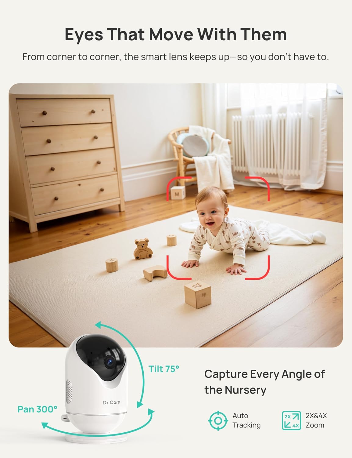 Dr.Care VistaView 5' Smart WiFi Baby Monitor with Clip Mount - 2K HD Camera, App Control, Cry & Motion Alerts, Night Vision, 5000mAh Battery, 2-Way Talk, Multi-User, Triple Security