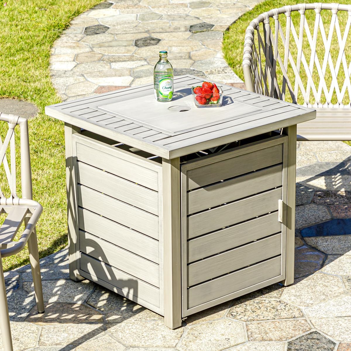 OutVue 28 Inch Propane Fire Pit Table, Outdoor Gas Fire Pits with Lid & Lava Rock, 50000 BTU Firepit for Dinning, Party in Outside, Patio, Garden or Yard (Light Grey)