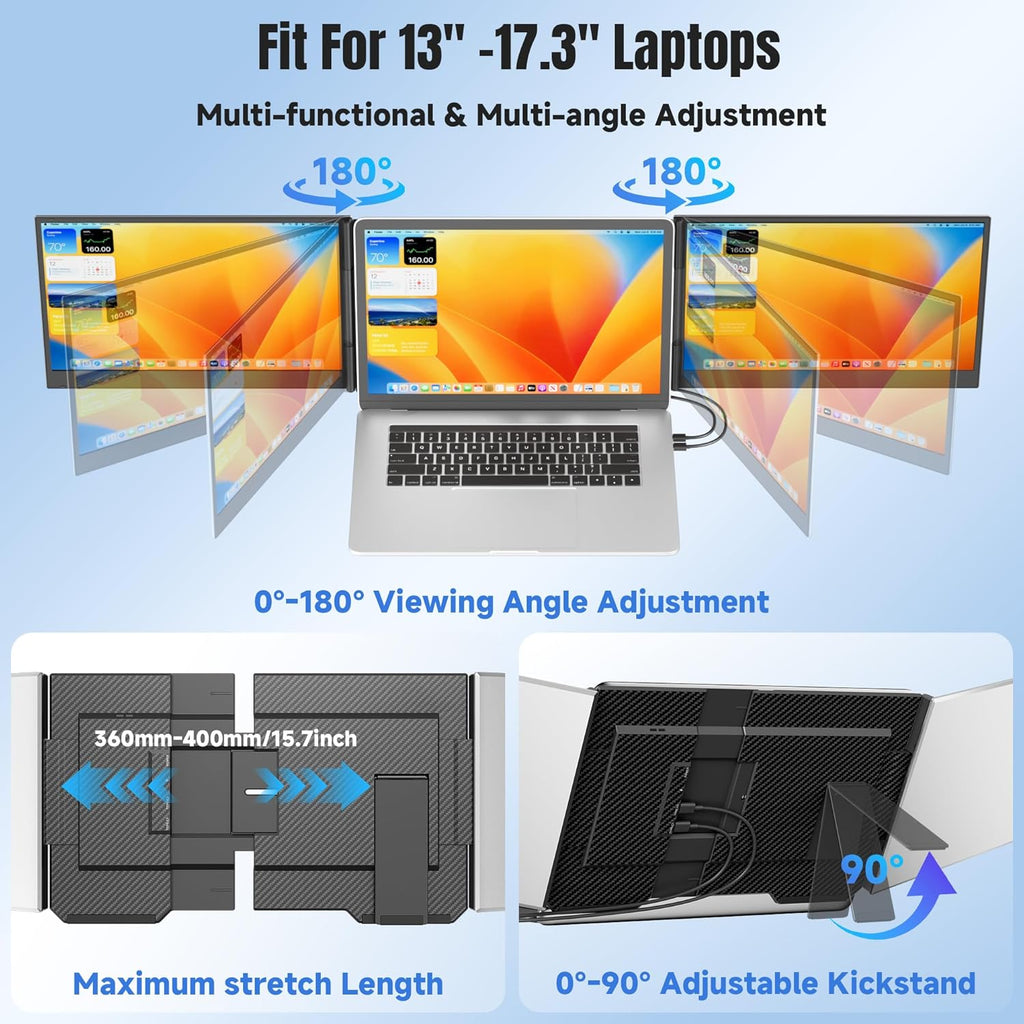 KEFEYA Laptop Screen Extender 15.6', FHD 1080P Portable Triple Monitor for Laptops 13-17.3', 0.16' Ultra-Thin Dual Laptop Monitor Extender for Windows/Mac/Dex/Chrome/Surface, Plug n Play