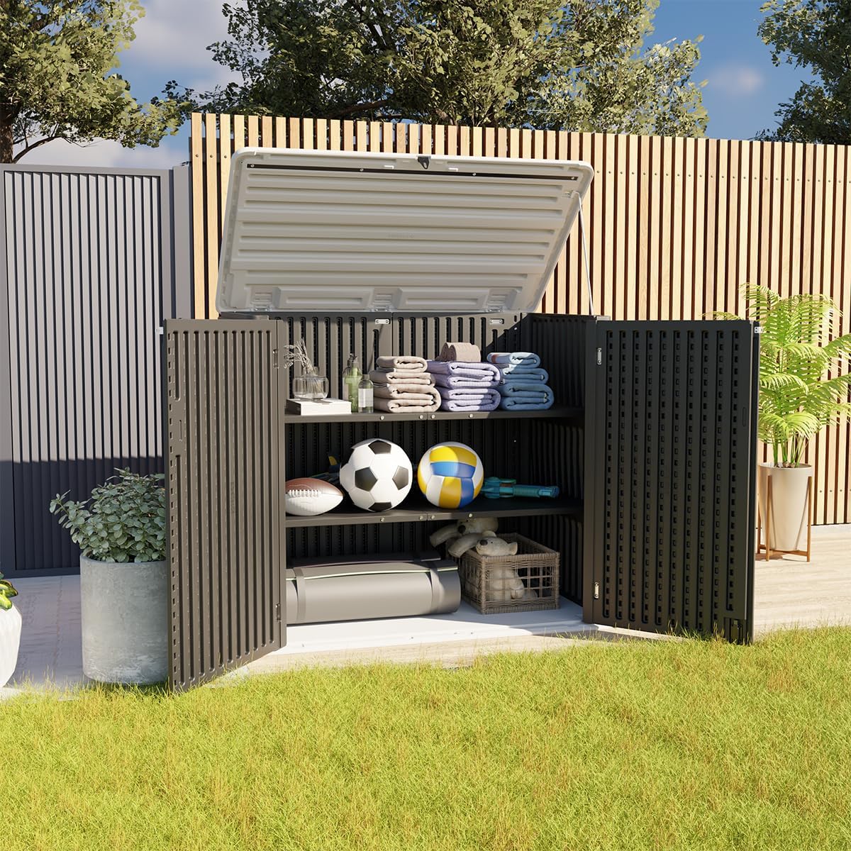 KINYING Larger Outdoor Storage Shed Weather Resistance, Resin Sheds & Outdoor Storage for Garden, Patios, Backyards, 48 Cu.Ft Tool Shed for Garbage Cans, Lawn Mower, Garden Tools,Black