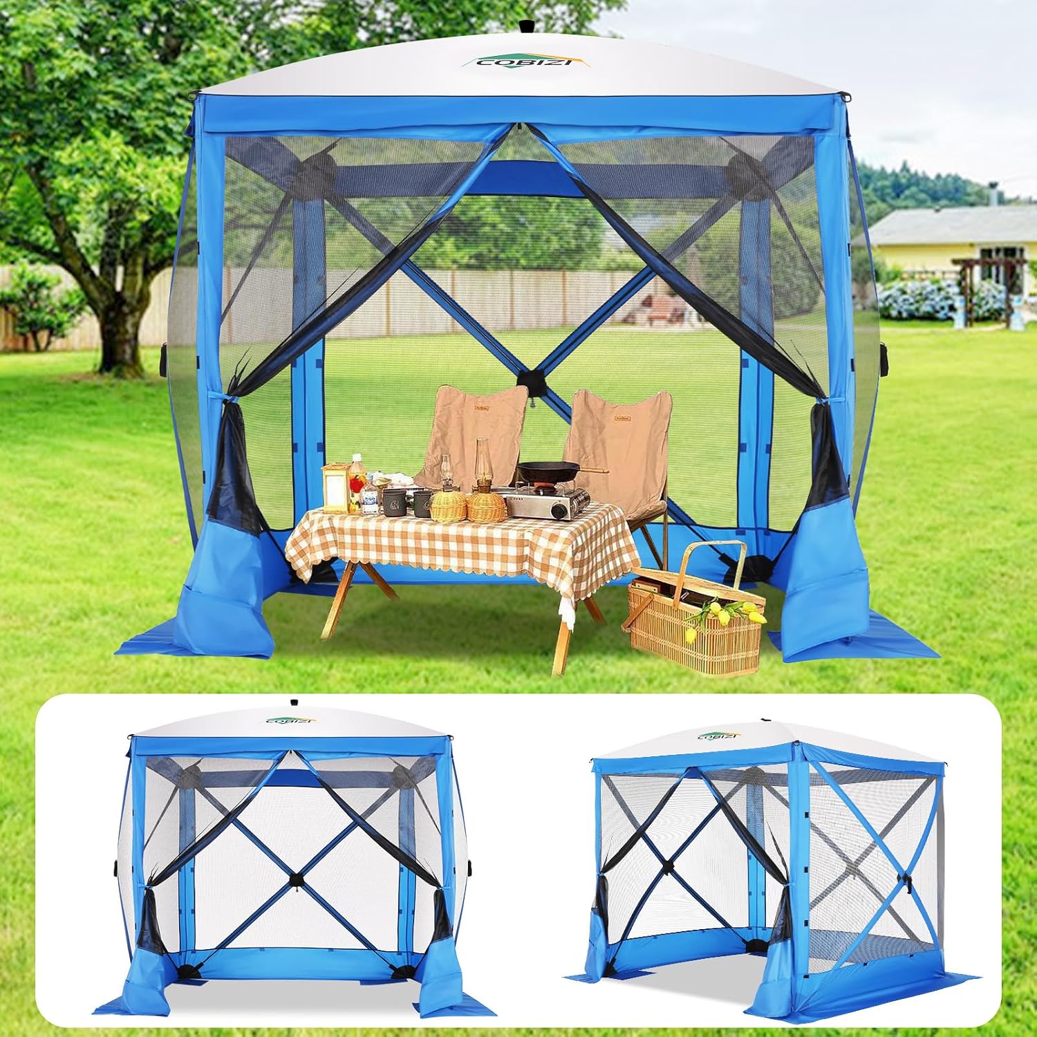 COBIZI 6x6 FT Pop up Gazebo, Popup Canopy Tent, Screened in Gazebos, Waterproof Portable Outdoor Small Screen Tents Sun Shelter,carpas para Patio for Camping, Garden and Backyard,Blue