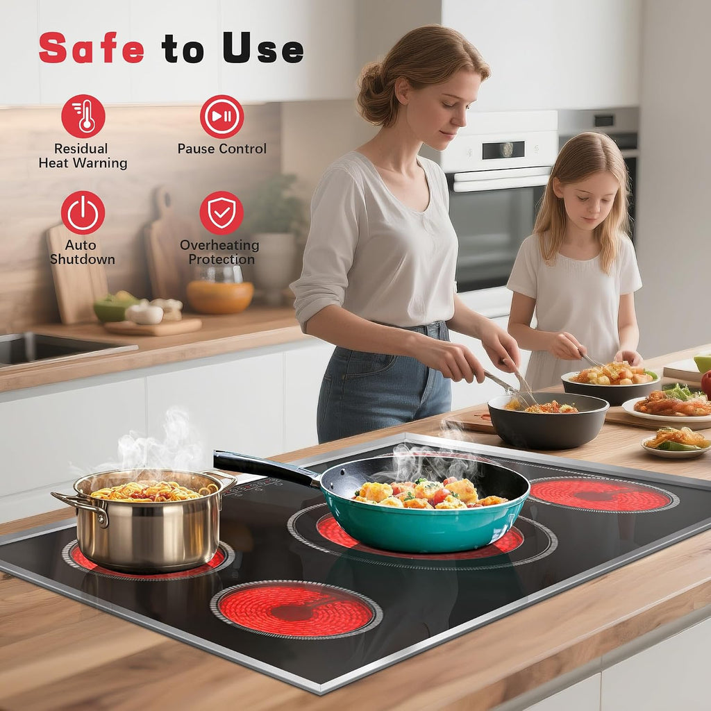 36 Inch Electric Cooktop, 5 Burner Stove Top Touch Control, 36' Glass Ceramic Stove Top 9600W with BBQ & Flexible Zone, Child Lock, Timer, Overheat Protection, 220-240V Hard Wired (No Plug)