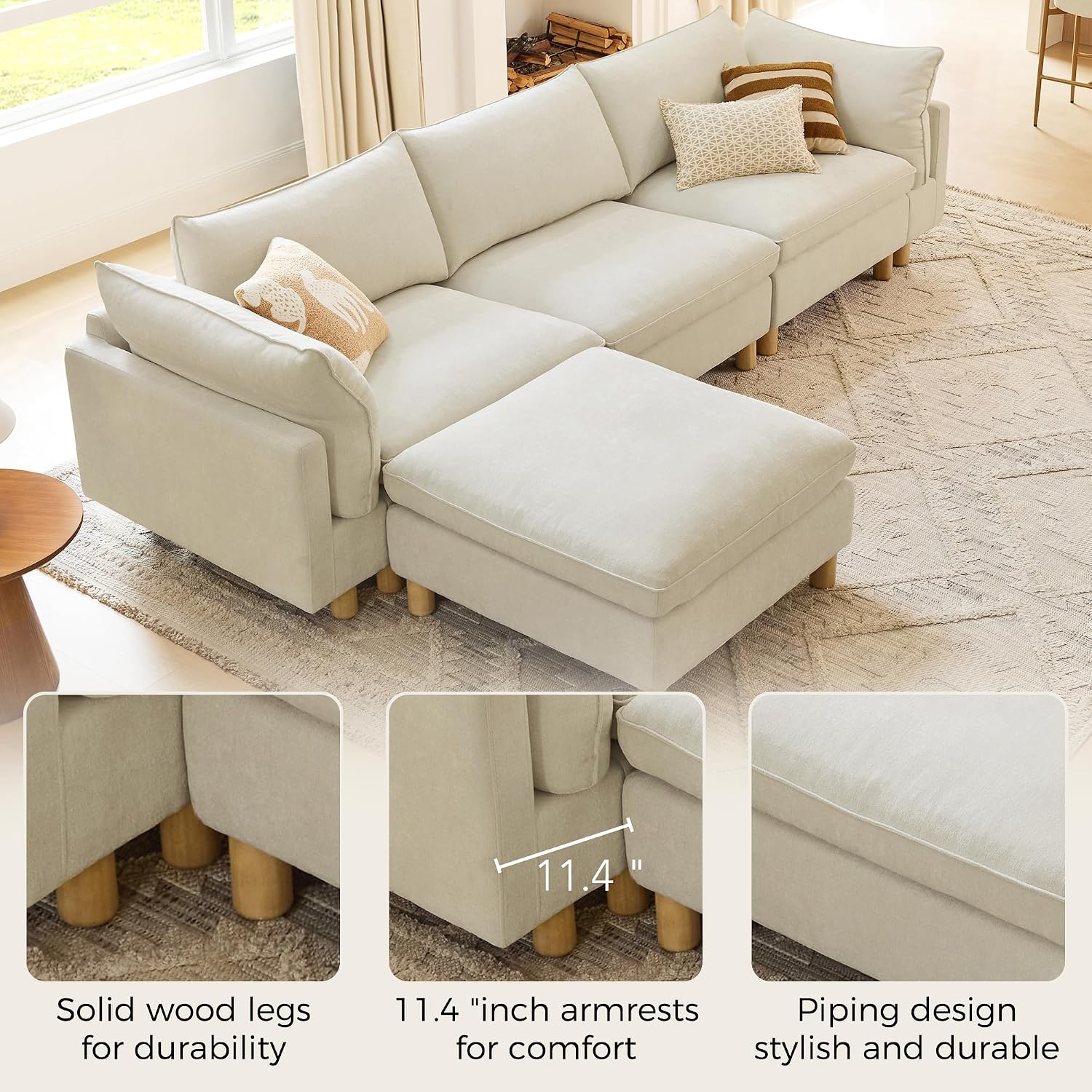 CHITA 127' Super Large Sectional Couches for Living Room, Modular Cloud Couch Sectional Sofa, Premium Fabric Couches, Down Filled, High Density Foam, Chenille in Cream, 4 Seat L Shaped