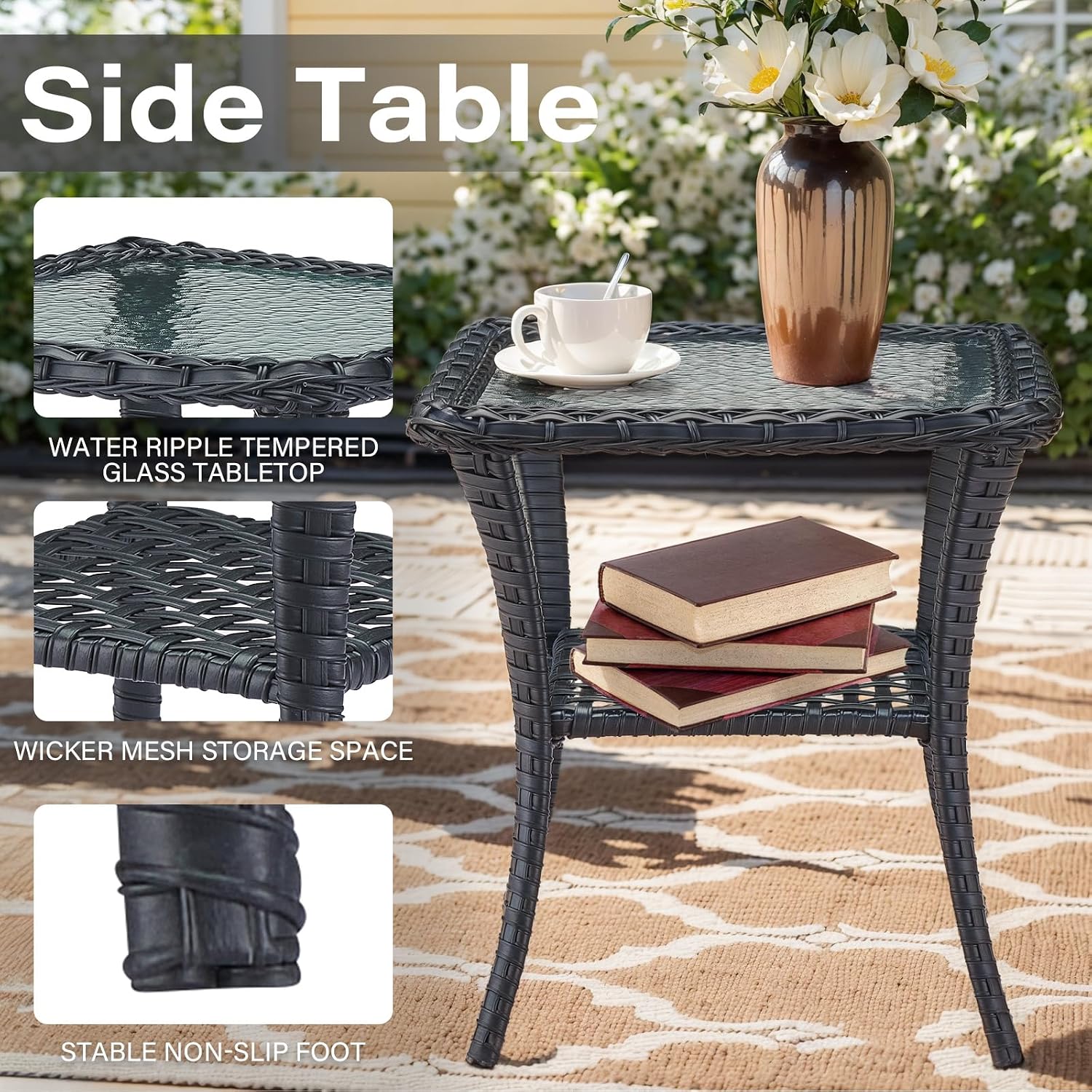 Belord 6 Pieces Outdoor Patio Furniture Set with Wicker Rocking Chairs, Rattan Patio Conversation Set with Glider Loveseat Ottomans and Side Table Black/Beige