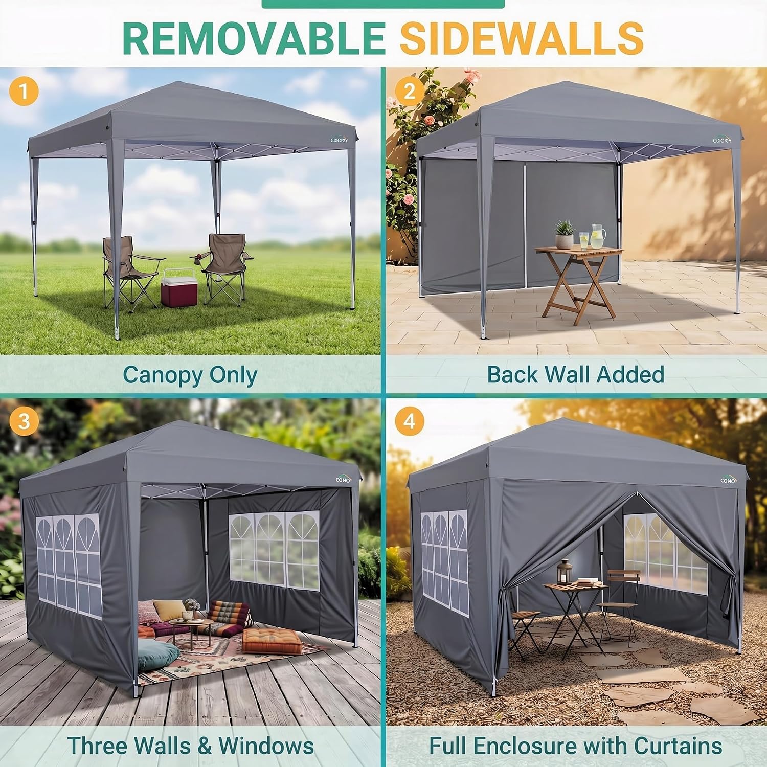 COBIZI 10x10 Pop up Canopy Tent, 10 by 10 Easy Setup Pop up Gazebo with 4 Sidewalls & Center Lock, Small Portable Instant Waterproof Outdoor Tent Canopy for Patio Backyard Vendor Event Sports (Gray)