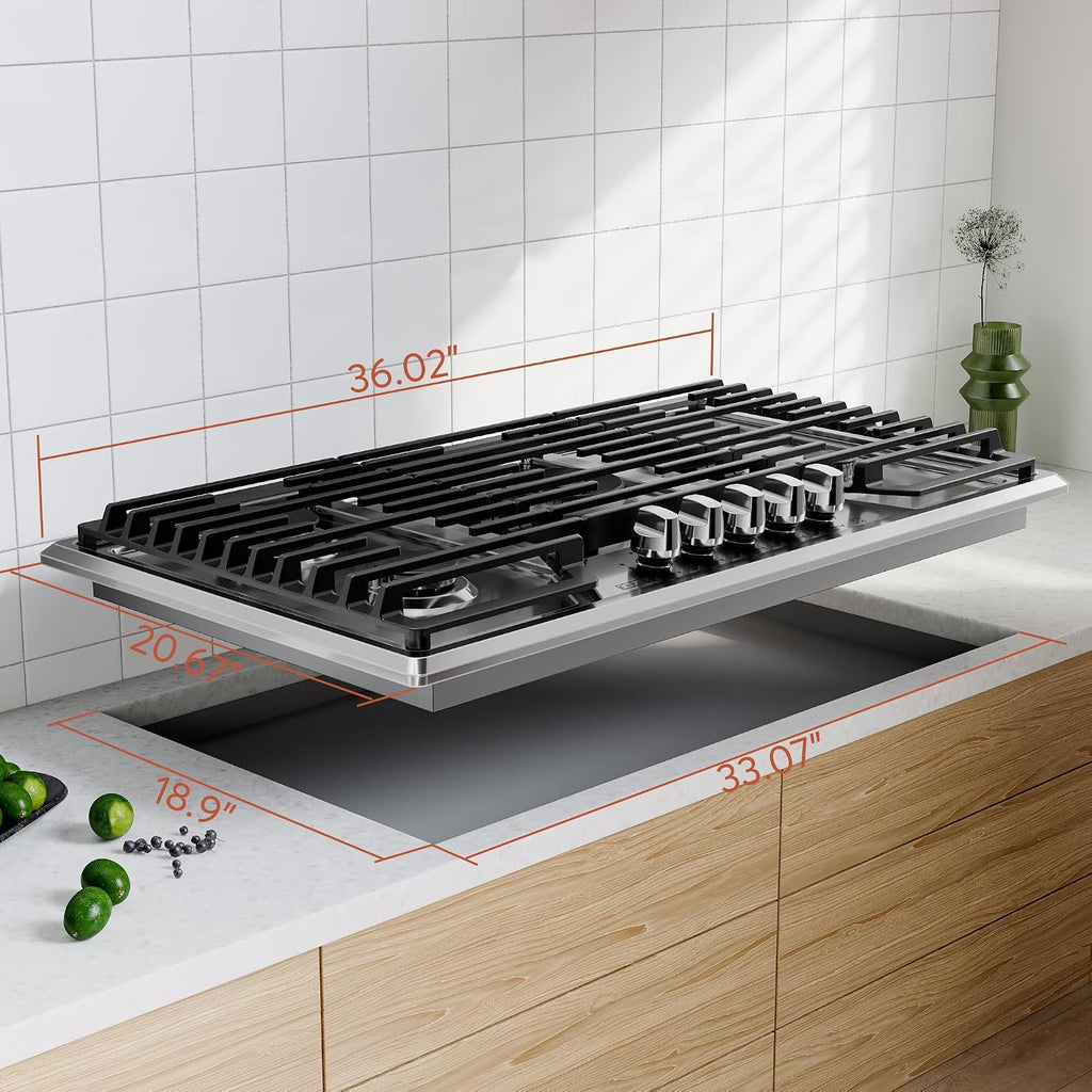 Empava 36 Inch Built-in Gas Cooktop with 5 Sealed SABAF Burners, Stainless Steel Surface, Ion Ignition, LPG/NG Convertible, Flame Failure Protection, Dishwasher Safe Grates