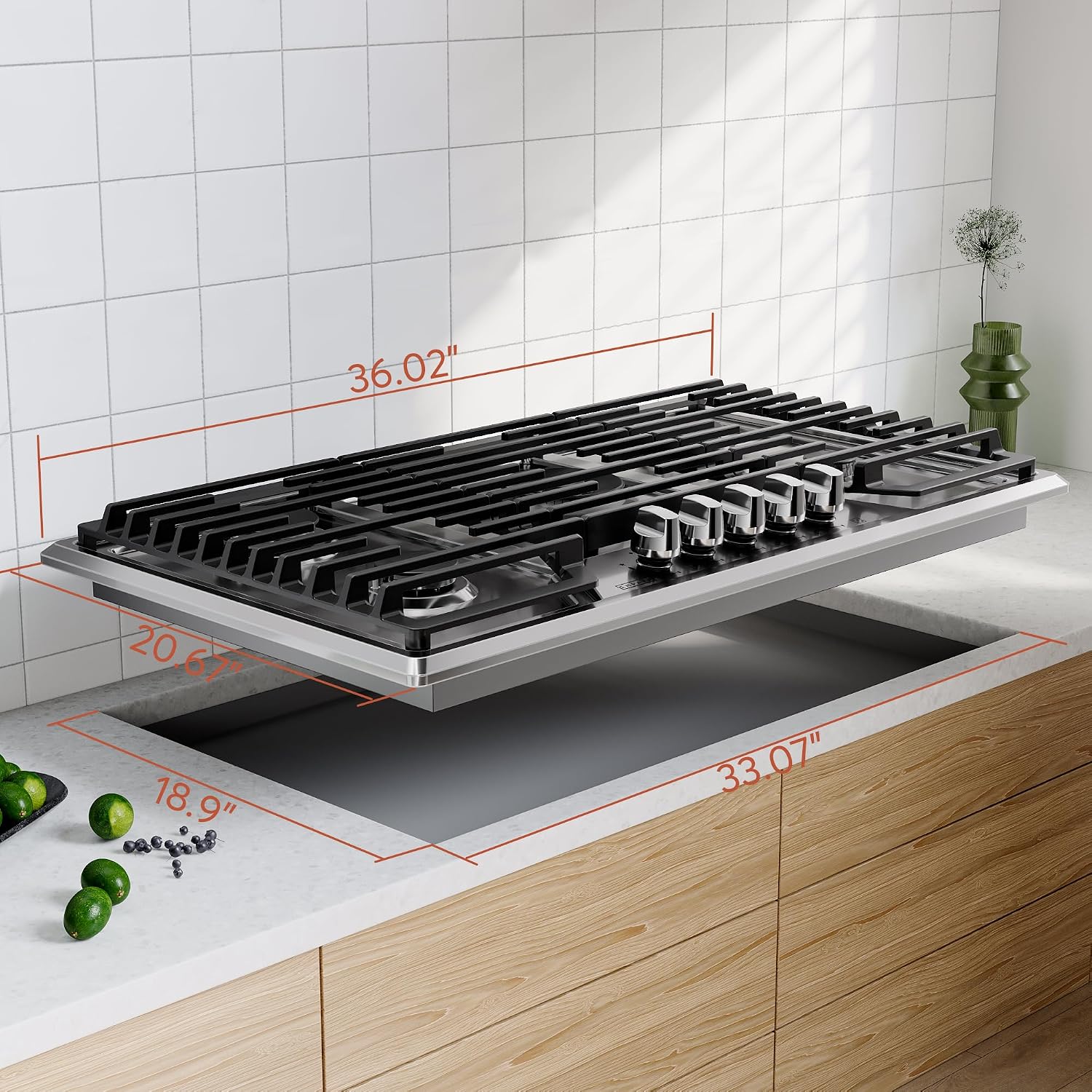 Empava 36 Inch Built-in Gas Cooktop with 5 Sealed SABAF Burners, Stainless Steel Surface, Ion Ignition, LPG/NG Convertible, Flame Failure Protection, Dishwasher Safe Grates