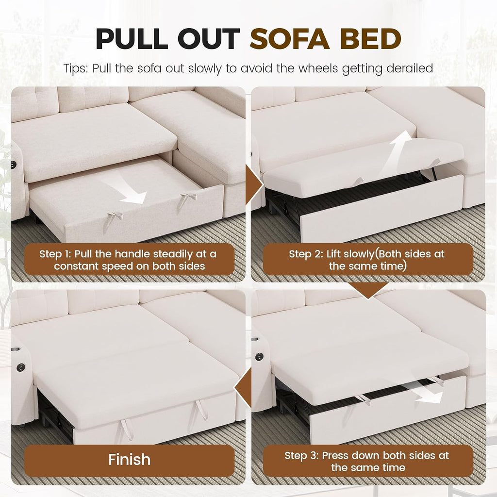 Luxanimarion 83'' Pull Out Sofa Bed, 2 in 1 Convertible Comfy Linen Couch with Storage Chaise & USB Charging, Modular Sleeper Sofa Couches for Living Room Apartment,Beige 1 PCS