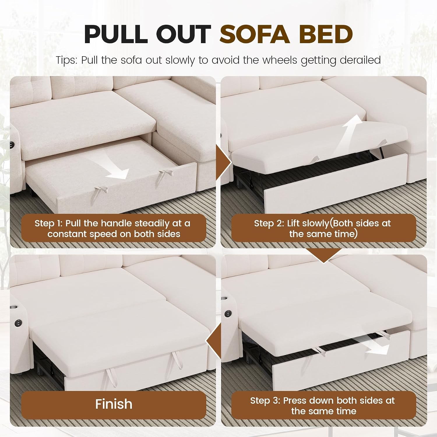Luxanimarion 83'' Pull Out Sofa Bed, 2 in 1 Convertible Comfy Linen Couch with Storage Chaise & USB Charging, Modular Sleeper Sofa Couches for Living Room Apartment,Beige 1 PCS