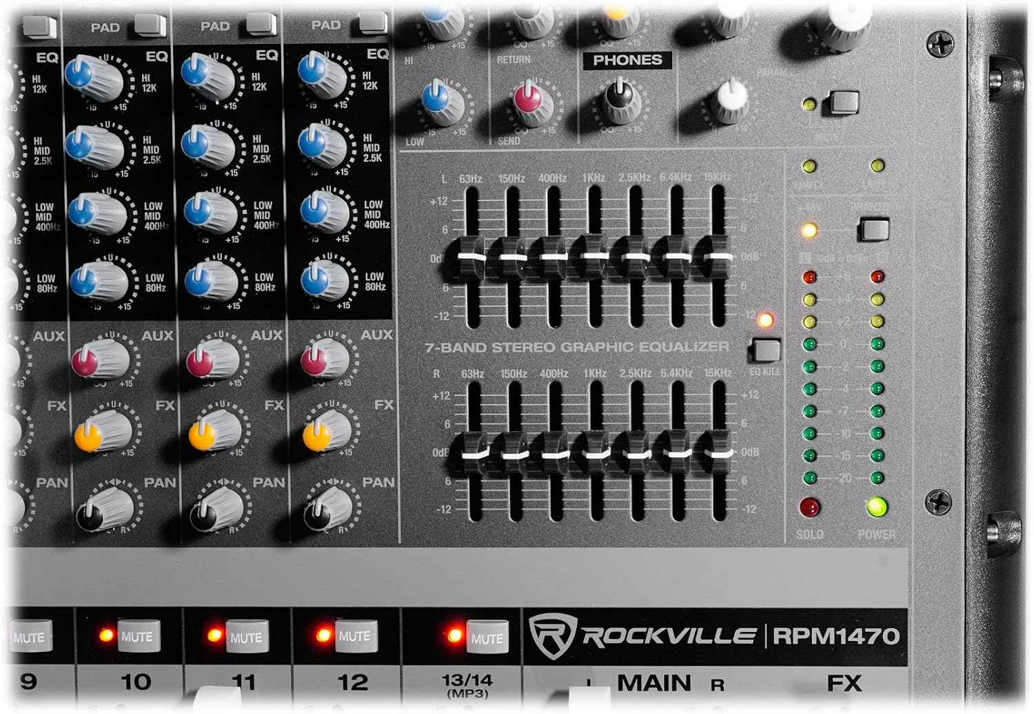 Rockville RPM1470 6000W Peak 14-Channel Powered Mixer, 750W RMS x 2 at 4 Ohm, USB/Bluetooth, 24-Bit Effects, 14 XDR2 Mic Preamps, for Live Events/Church Bands