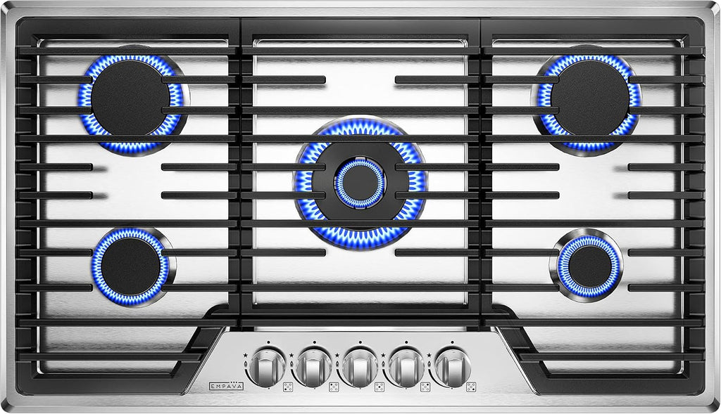 Empava 36 Inch Built-in Gas Cooktop with 5 Sealed SABAF Burners, Stainless Steel Surface, Ion Ignition, LPG/NG Convertible, Flame Failure Protection, Dishwasher Safe Grates