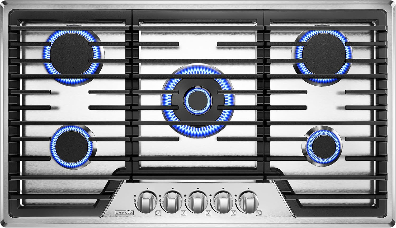 Empava 36 Inch Built-in Gas Cooktop with 5 Sealed SABAF Burners, Stainless Steel Surface, Ion Ignition, LPG/NG Convertible, Flame Failure Protection, Dishwasher Safe Grates
