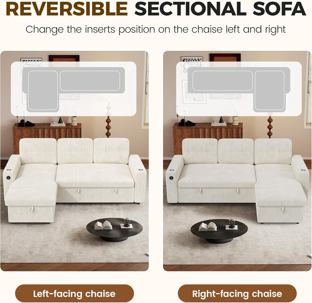 Luxanimarion 83'' Pull Out Sofa Bed, 2 in 1 Convertible Sleeper Sofa Couch with Storage Chaise & USB Charging, Comfy Corduroy Modular Couches for Living Room Apartment,Beige 1 PCS