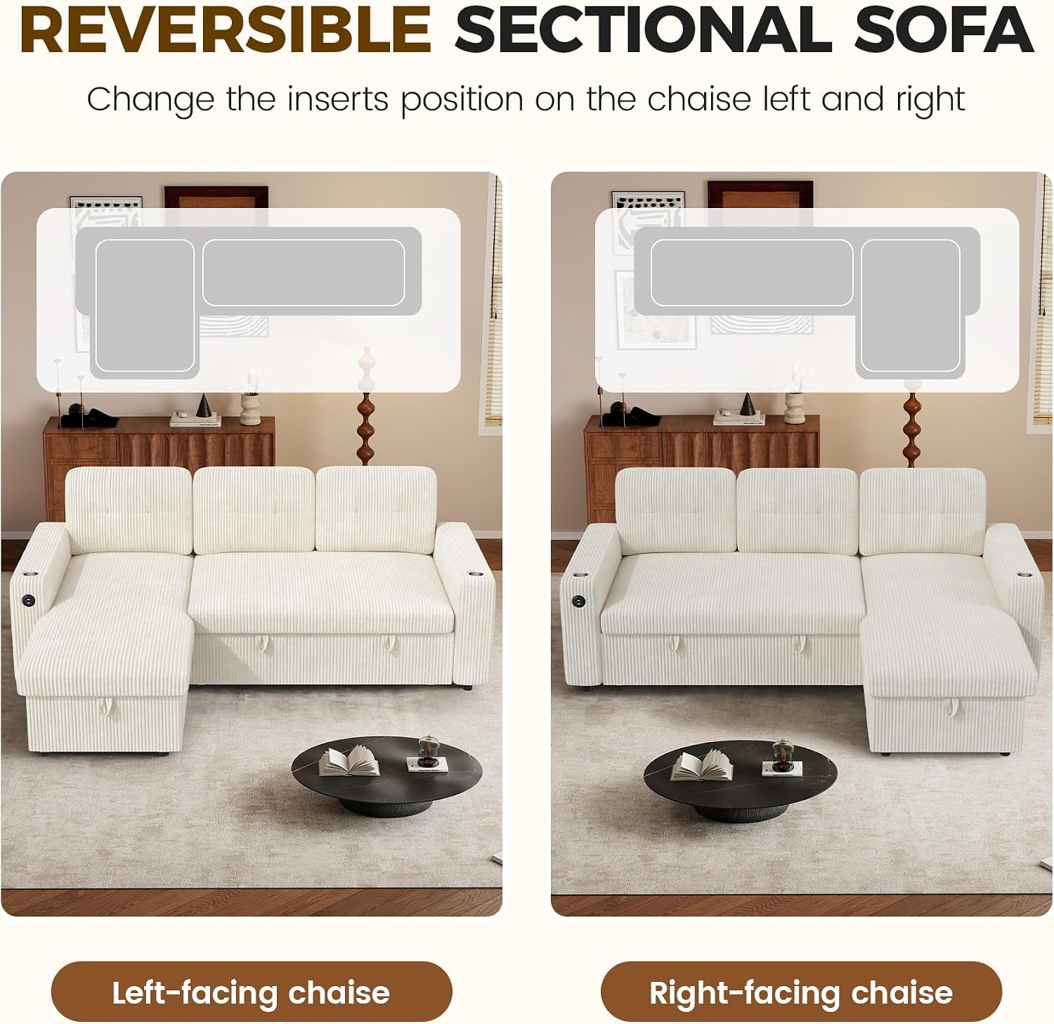 Luxanimarion 83'' Pull Out Sofa Bed, 2 in 1 Convertible Sleeper Sofa Couch with Storage Chaise & USB Charging, Comfy Corduroy Modular Couches for Living Room Apartment,Beige 1 PCS