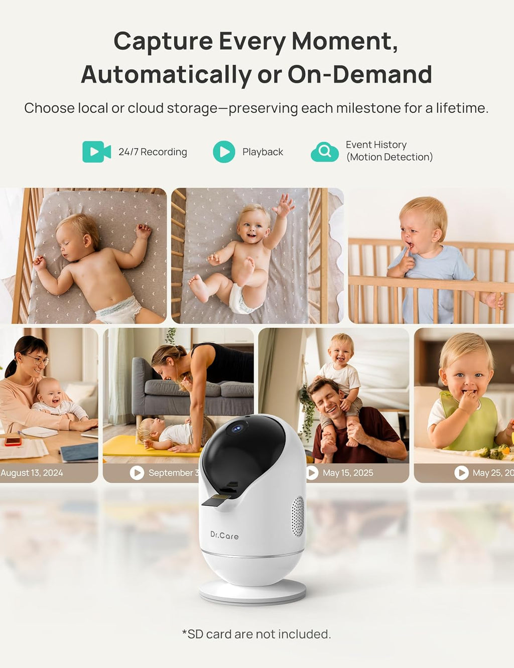 Dr.Care VistaView 5' Smart WiFi Baby Monitor with Clip Mount - 2K HD Camera, App Control, Cry & Motion Alerts, Night Vision, 5000mAh Battery, 2-Way Talk, Multi-User, Triple Security