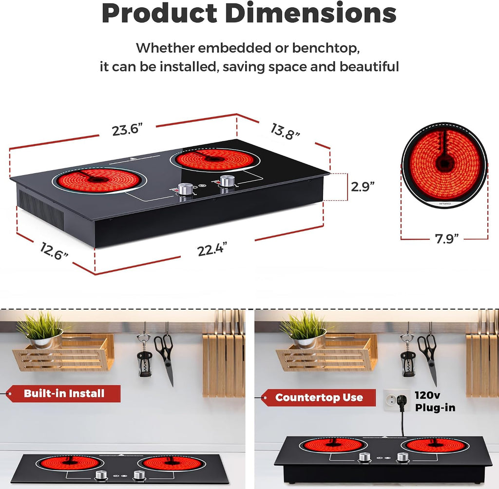 ADVWIN Electric Cooktop, 2 Burner Knob Control Plug in Built-in Ceramic Electric Stove Top with Child Safty Lock & Timer & Over-Temperature Protection & 10 Power Setting (2burners)