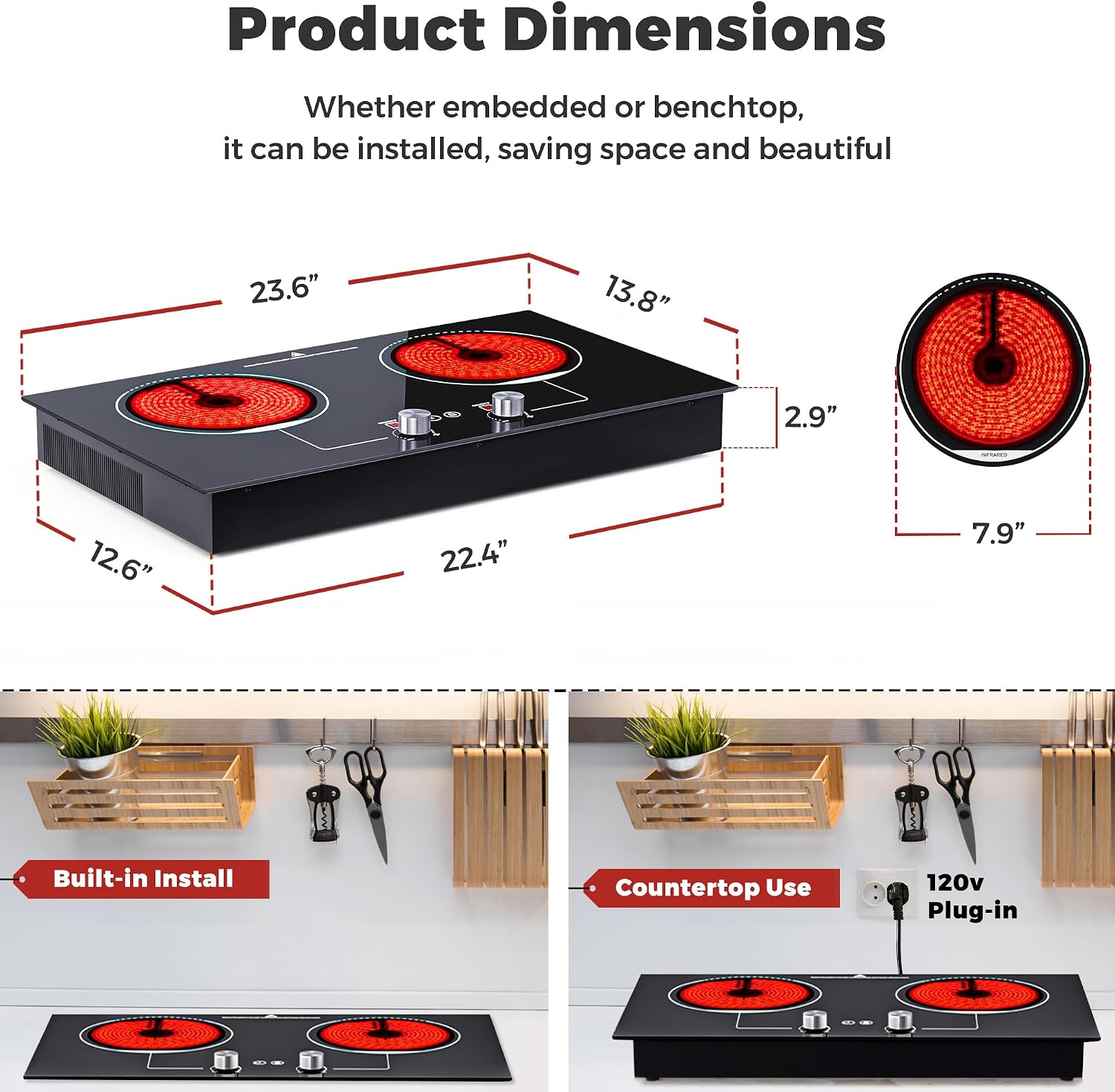 ADVWIN Electric Cooktop, 2 Burner Knob Control Plug in Built-in Ceramic Electric Stove Top with Child Safty Lock & Timer & Over-Temperature Protection & 10 Power Setting (2burners)