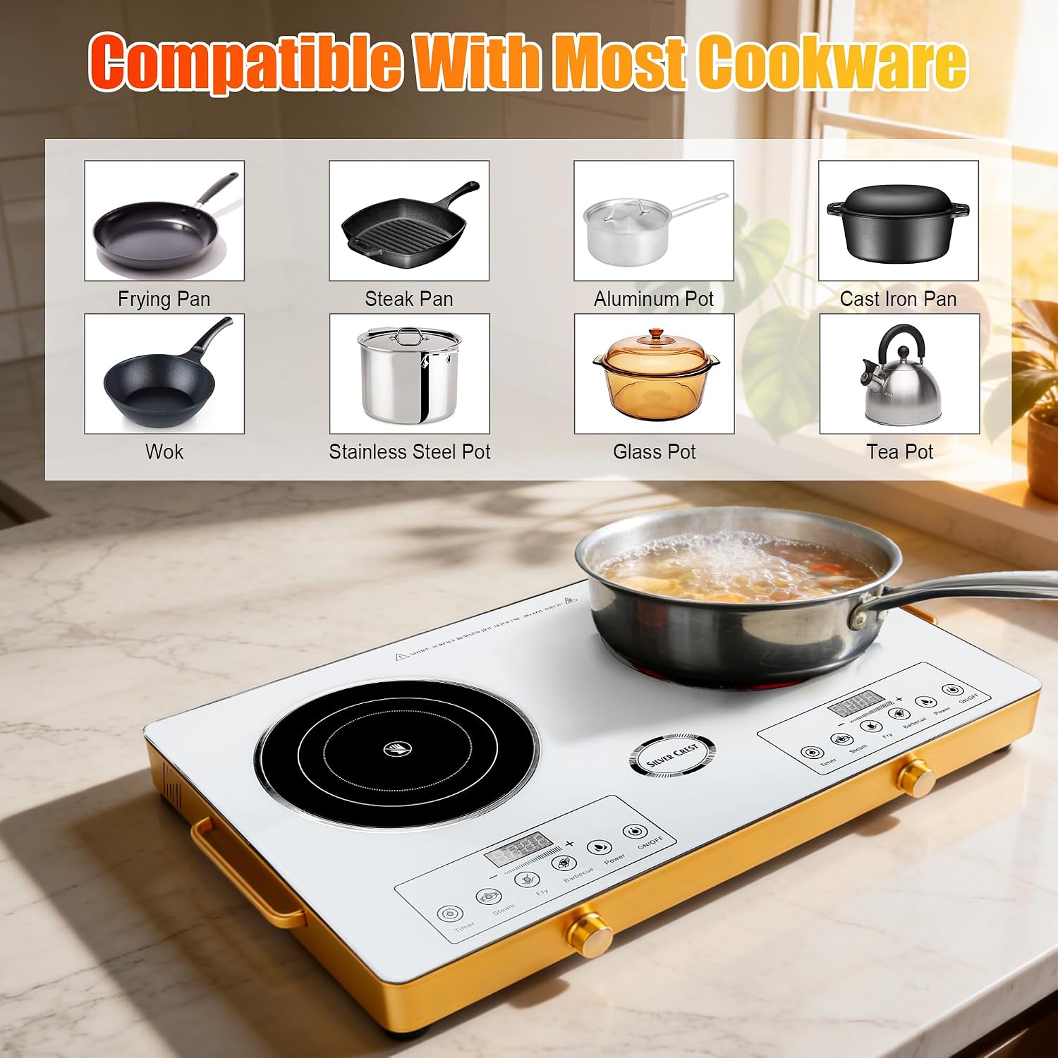 Electric Charcoal Burner Stove, 500W Single Coil Hot Plate Starter with Grill Tongs, 5-Level Temp, Smart Heat Control & Stainless Steel Fast Heating for Cooking top Countertop (5543White-Double)