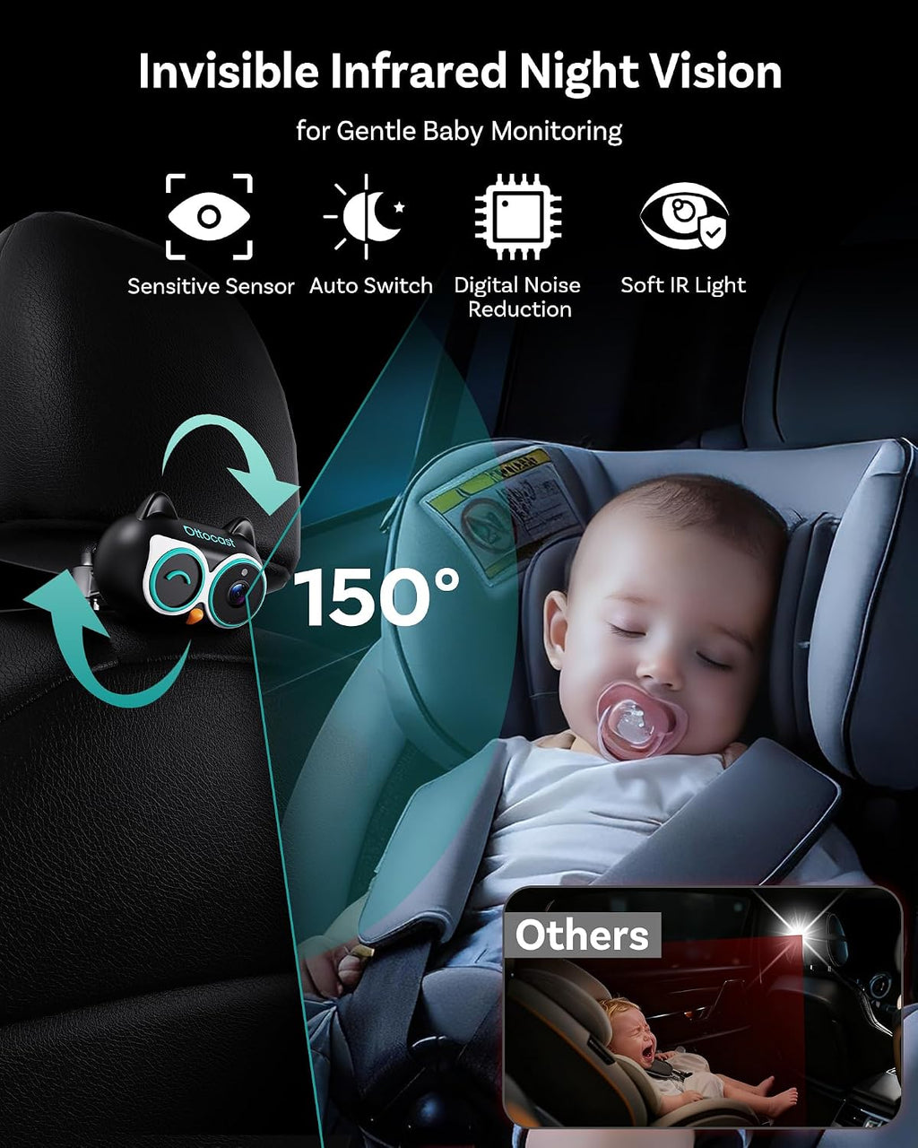 OTTOCAST Cabin Care Baby Car Camera with Wireless CarPlay Adapter, 1080P HD Baby Monitor with IR Night Vision, 150° Wide Angle, Real-Time Rear Seat View On Car Screen, Easy Install