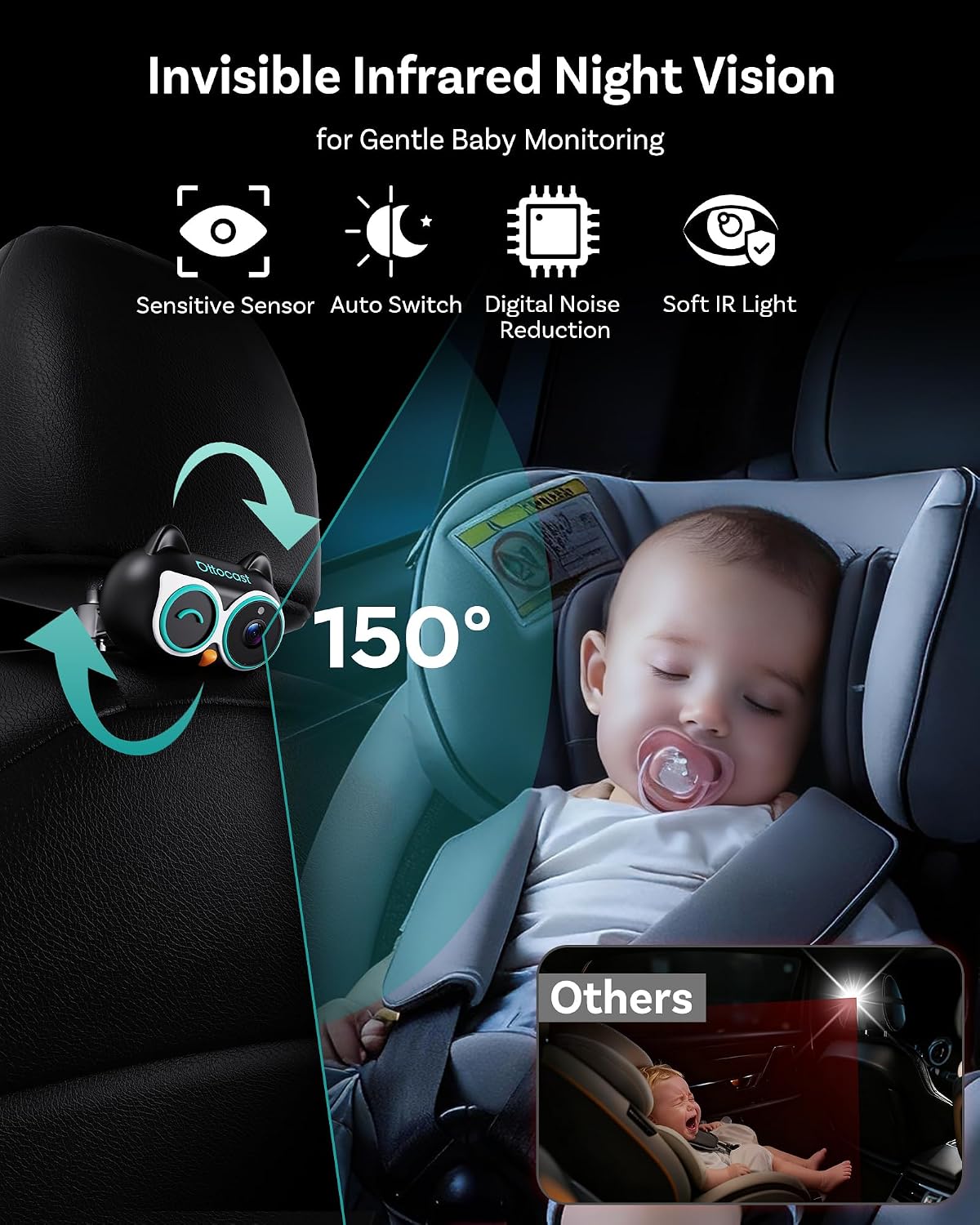 OTTOCAST Cabin Care Baby Car Camera with Wireless CarPlay Adapter, 1080P HD Baby Monitor with IR Night Vision, 150° Wide Angle, Real-Time Rear Seat View On Car Screen, Easy Install