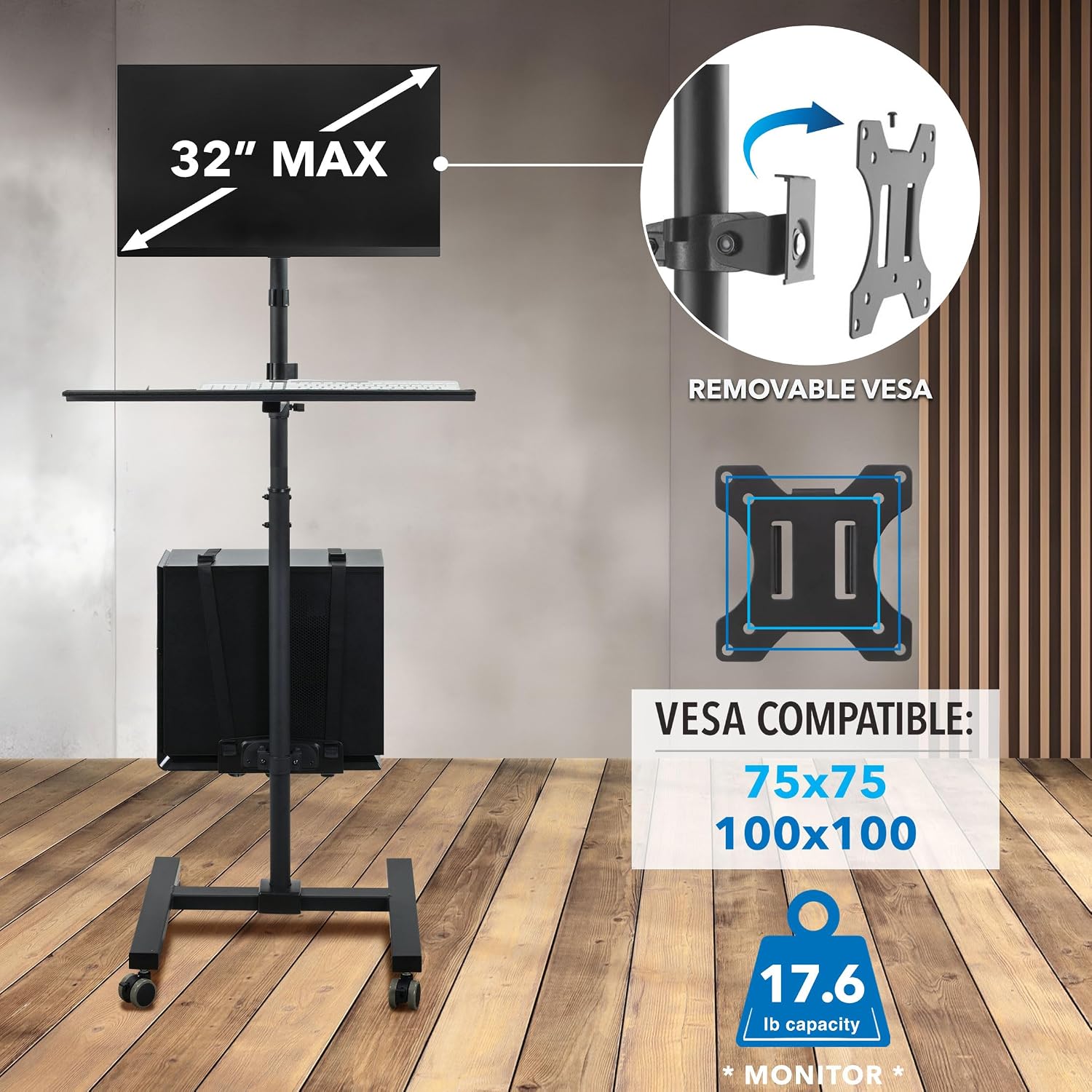 Mount-It! Rolling Computer Cart on Wheels, Mobile Desk Workstation with Monitor Mount for up to 32' Screen, Full Keyboard Tray, Floating Adjustable CPU Holder, Standing up to 70' Tall