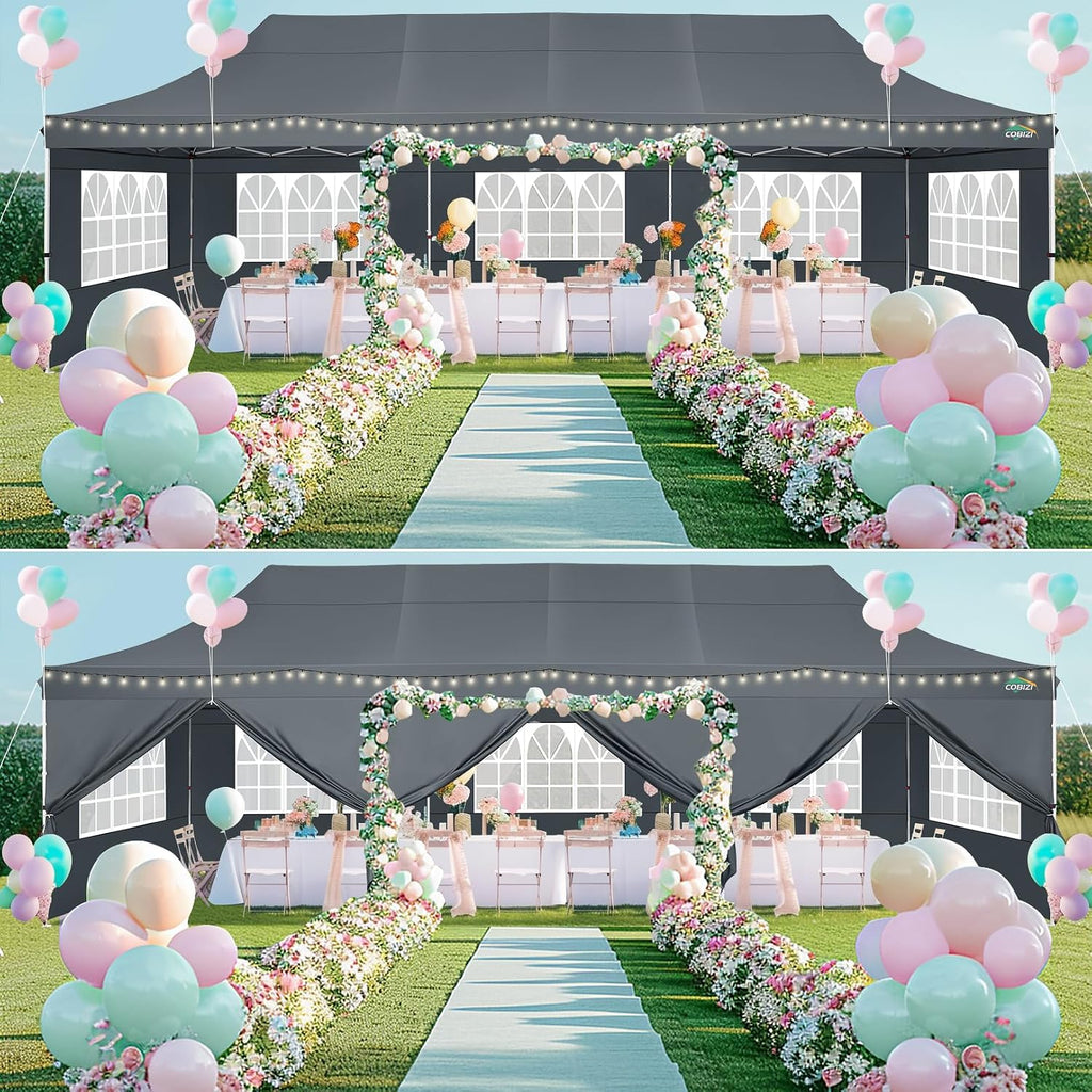 COBIZI 10x30 Pop up Canopy with 8 Removable Sidewalls & 4 Sandbags, Party Tent for Parties, Wedding, and Commercials, Waterproof and Instant Shelter UV50+ Ez Outdoor Canopy Tent with Roller Bag