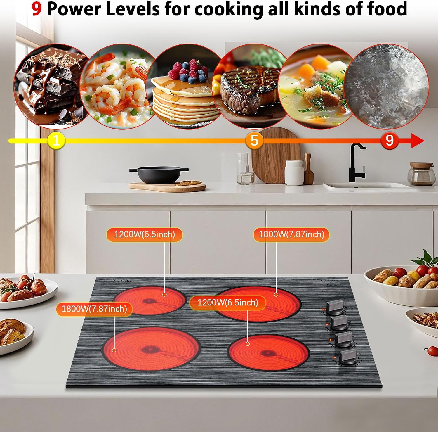 Karinear Electric Cooktop 24 Inch, 4 Burners Electric Stove Knob Control, Built-in Ceramic Cooktop with Beautiful Woodgrain Pattern Glass Surface, 6000W, 220-240v Hard Wired(No Plug)