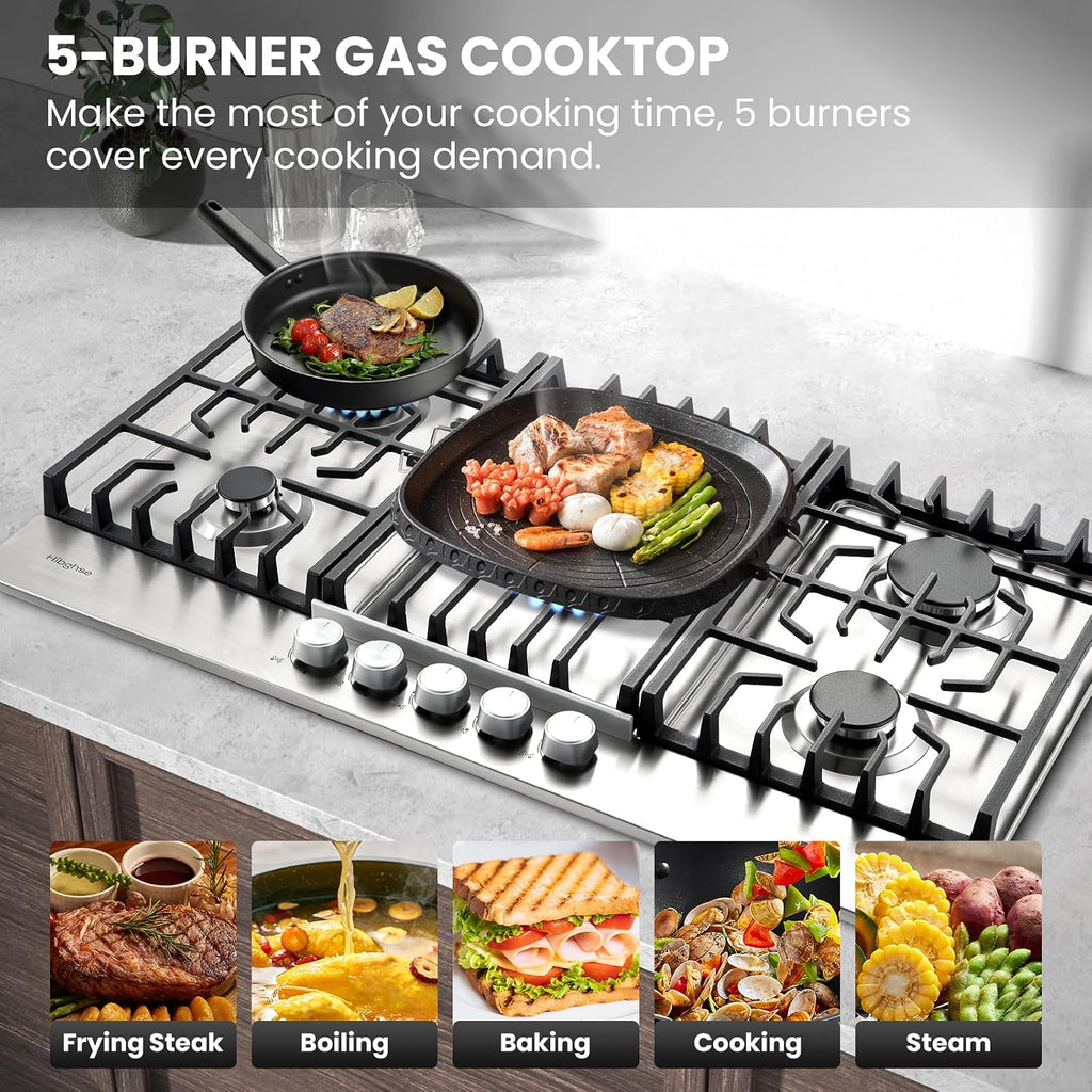 36 Inch Gas Cooktop with 5 Sealed Burners, Stainless Steel Propane Stove Top, NG/LPG Convertible, Built-in Stovetop with Thermocouple Protection for Rvs Kitchen Outdoor